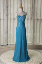 Blue Spaghetti Strap Beaded Chiffon Long Evening Dress