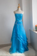 Strapless Beaded Blue Tiered Chiffon Formal Evening Gown