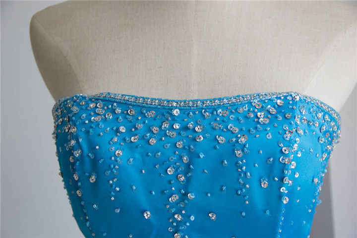 Strapless Beaded Blue Tiered Chiffon Formal Evening Gown
