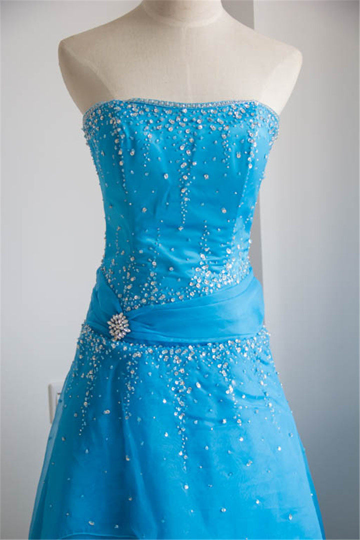 Strapless Beaded Blue Tiered Chiffon Formal Evening Gown
