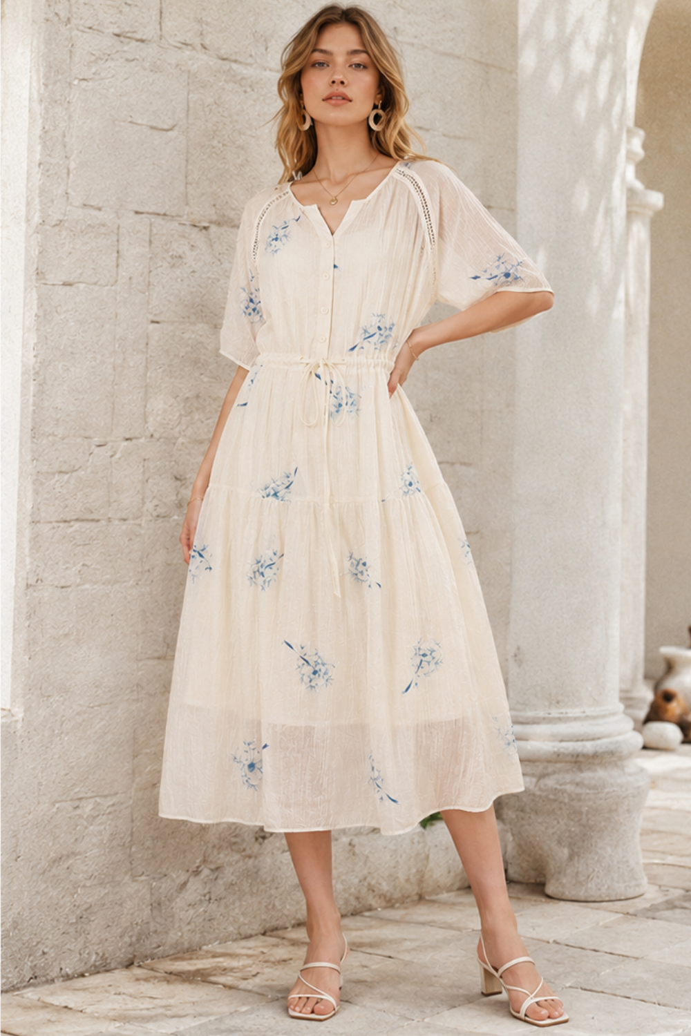 nora Waisted V-Neck Embroidered Dress
