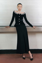xaviera Black Chenille Knit Crystal Trim Midi Dress