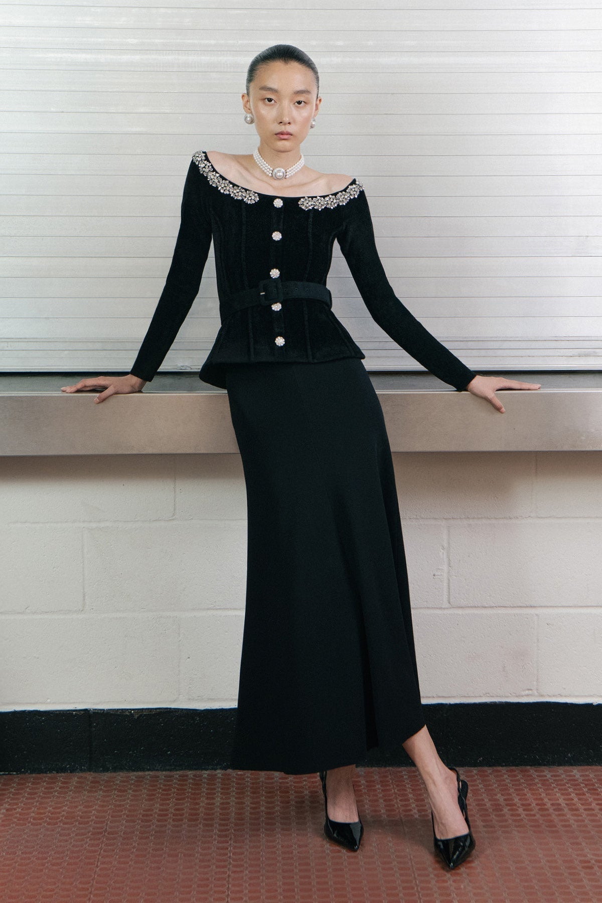 xaviera Black Chenille Knit Crystal Trim Midi Dress
