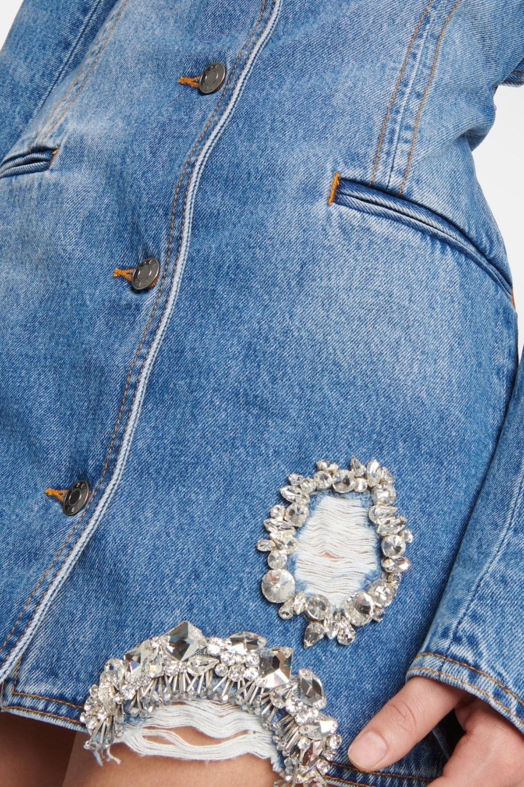 Flowering Girl Women Taton Crystal Embellished Cutout Denim Blazer