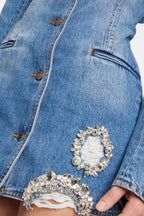 Flowering Girl Women Taton Crystal Embellished Cutout Denim Blazer