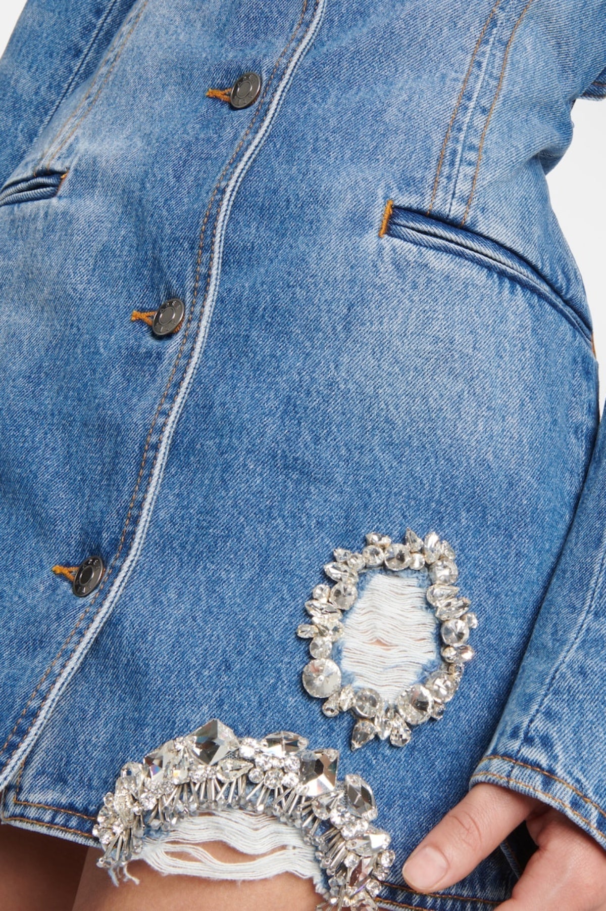 Flowering Girl Women Taton Crystal Embellished Cutout Denim Blazer