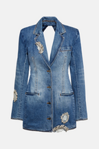 Flowering Girl Women Taton Crystal Embellished Cutout Denim Blazer