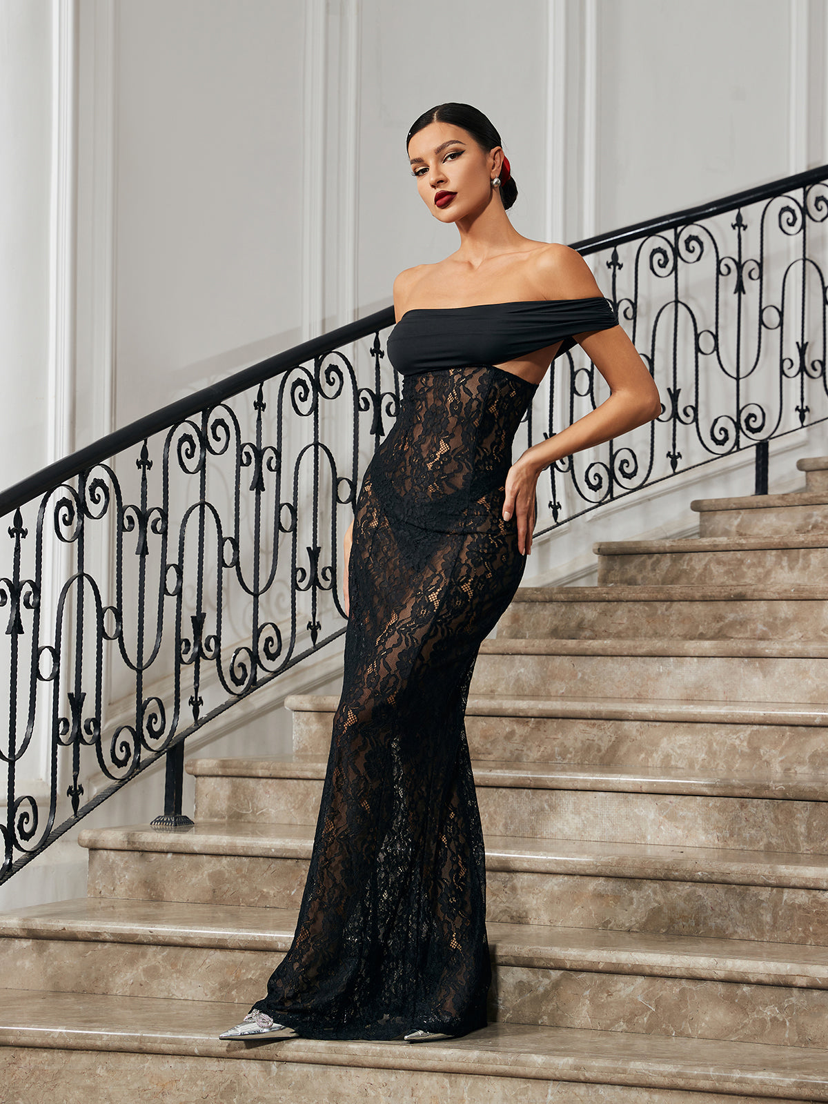 Flowering Girl Women OFF SHOULDER LACE MAXI DRESS