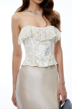 Flowering Girl Women Strapless Ruffle Lace Trim Velvet Jacquard Corset Top