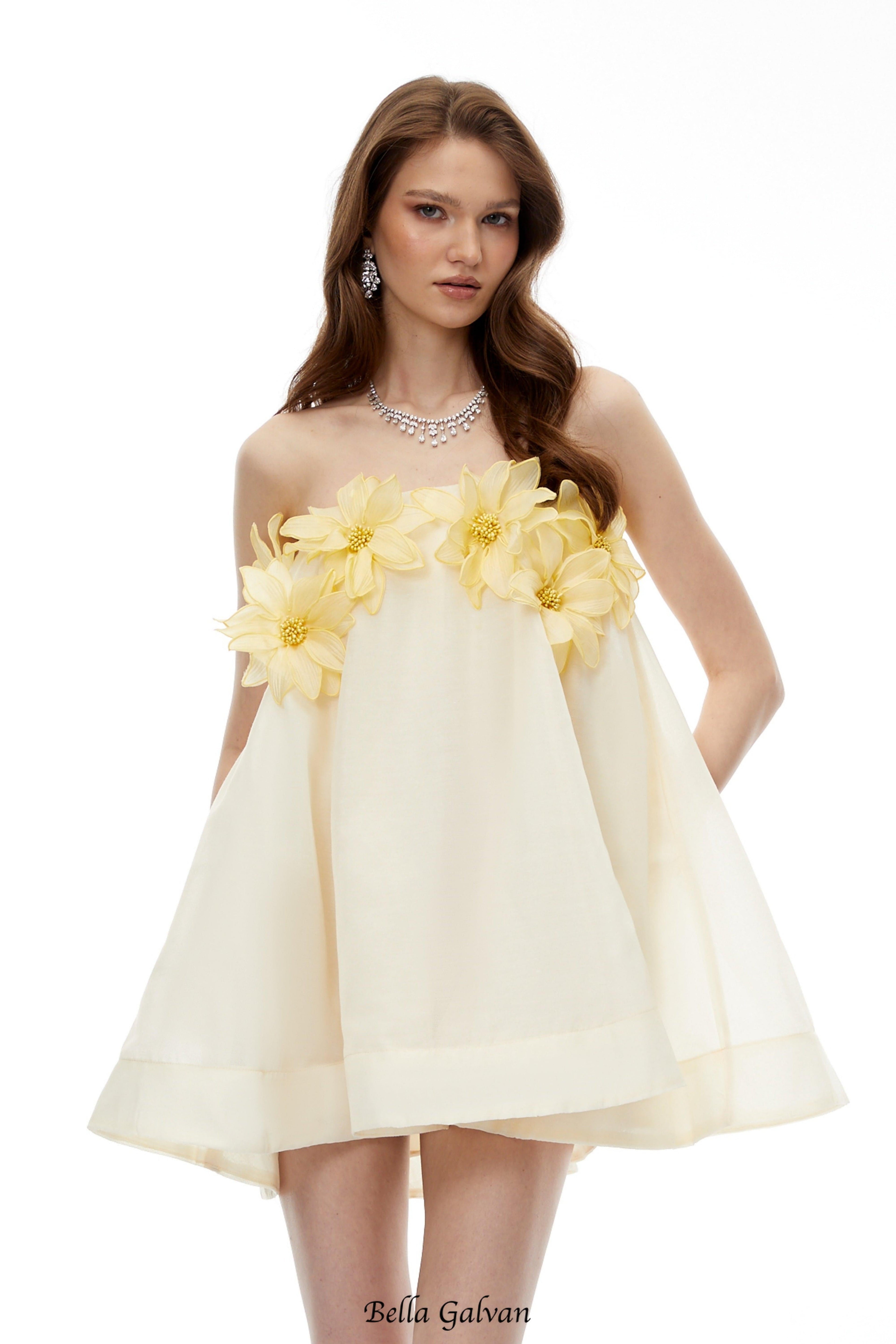 sabrina Off-Shoulder 3D Floral Mini Dress in Yellow