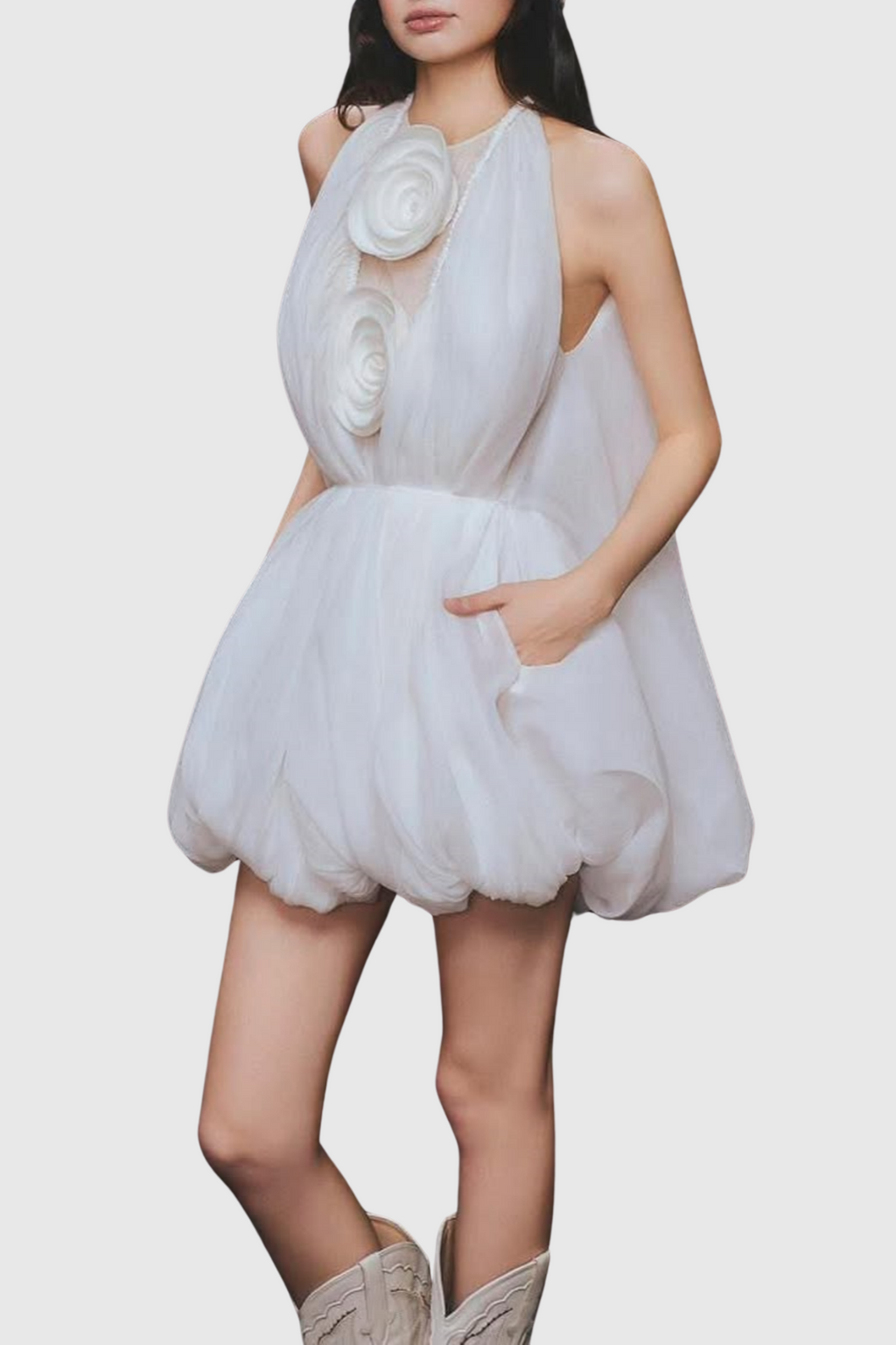 Flowering Girl Women Tlora Floral Applique Halter Puffy Mini Dress