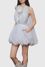 Flowering Girl Women Tlora Floral Applique Halter Puffy Mini Dress