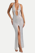 Flowering Girl Women Torie Halter Crystal Cutout Slit Maxi Dress