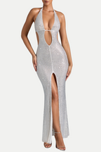 Flowering Girl Women Torie Halter Crystal Cutout Slit Maxi Dress