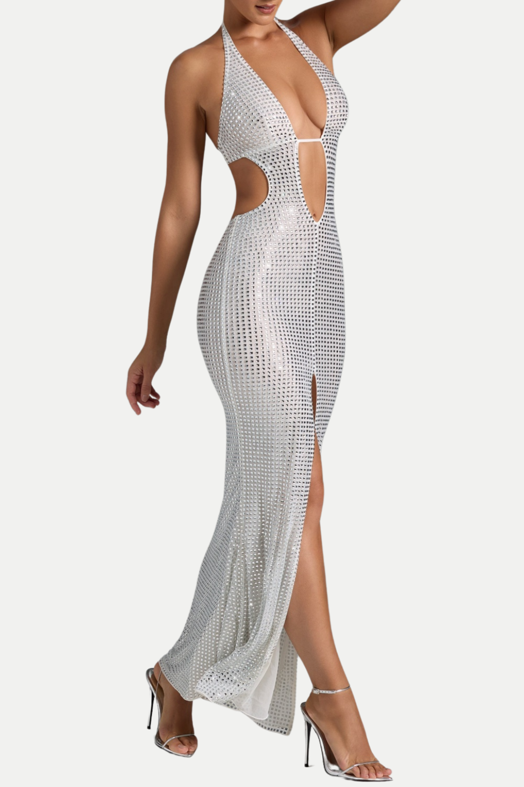 Flowering Girl Women Torie Halter Crystal Cutout Slit Maxi Dress