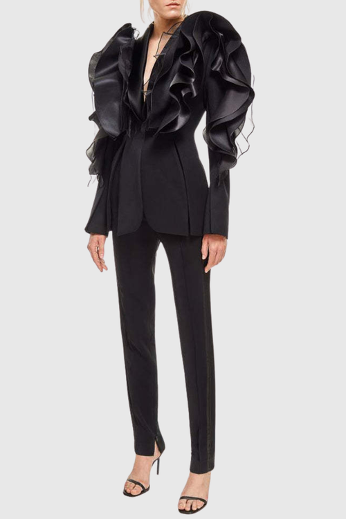 Flowering Girl Women Ashley Ruffle Embellished Blazer In Black