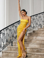 Flowering Girl Women STRAPLESS SEQUIN SPLIT MAXI DRESS