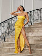 Flowering Girl Women STRAPLESS SEQUIN SPLIT MAXI DRESS