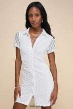 Flowering Girl Women Truly Pristine White Mesh Floral Ruched Button-Up Mini Dress