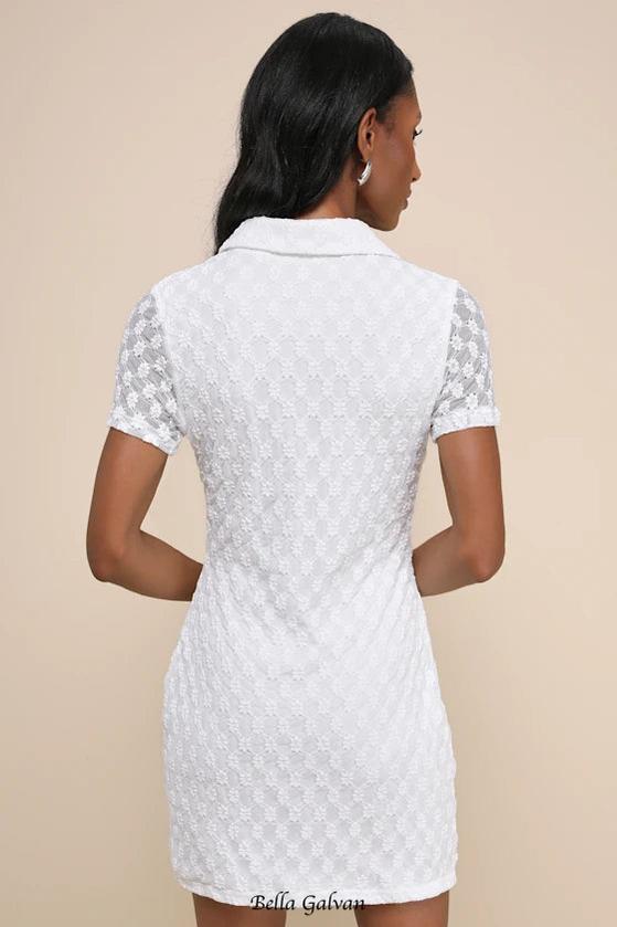 Flowering Girl Women Truly Pristine White Mesh Floral Ruched Button-Up Mini Dress
