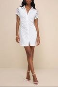 Flowering Girl Women Truly Pristine White Mesh Floral Ruched Button-Up Mini Dress