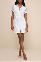 Flowering Girl Women Truly Pristine White Mesh Floral Ruched Button-Up Mini Dress