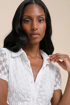 Flowering Girl Women Truly Pristine White Mesh Floral Ruched Button-Up Mini Dress