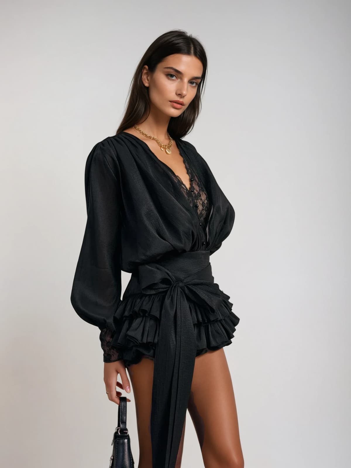 cornelia V Neck Lace Bow Mini Dress in black