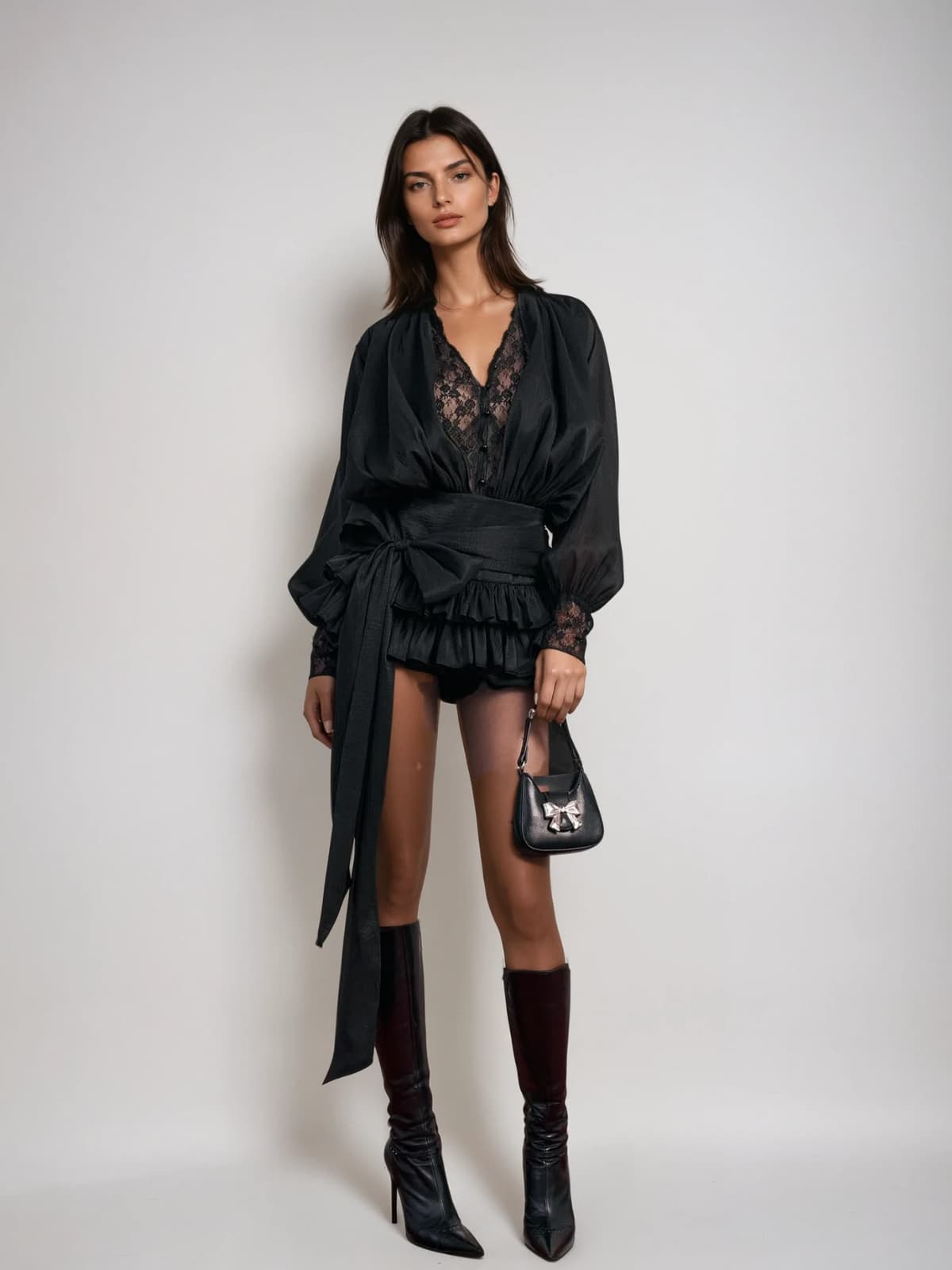 cornelia V Neck Lace Bow Mini Dress in black