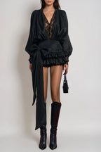 cornelia V Neck Lace Bow Mini Dress in black