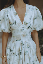 Flowering Girl Women venus v-neck floral print puff sleeve mini dress