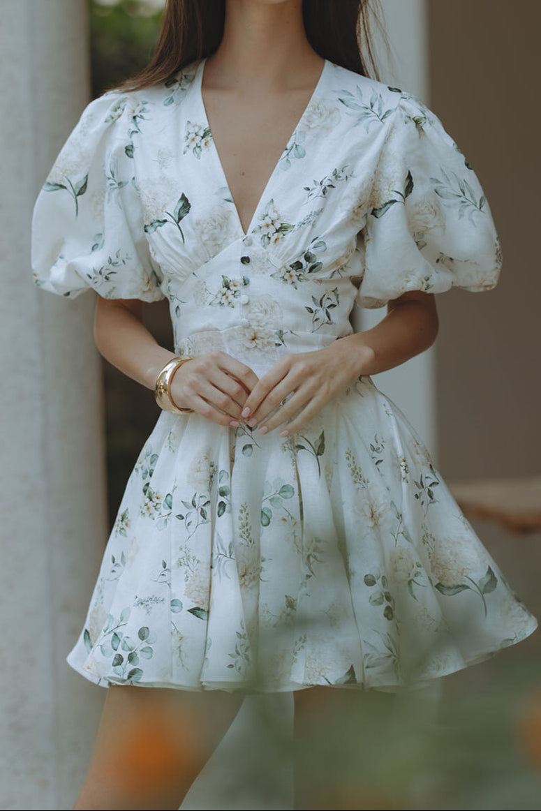 Flowering Girl Women venus v-neck floral print puff sleeve mini dress
