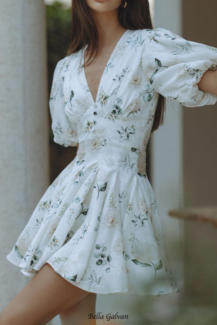 Flowering Girl Women venus v-neck floral print puff sleeve mini dress