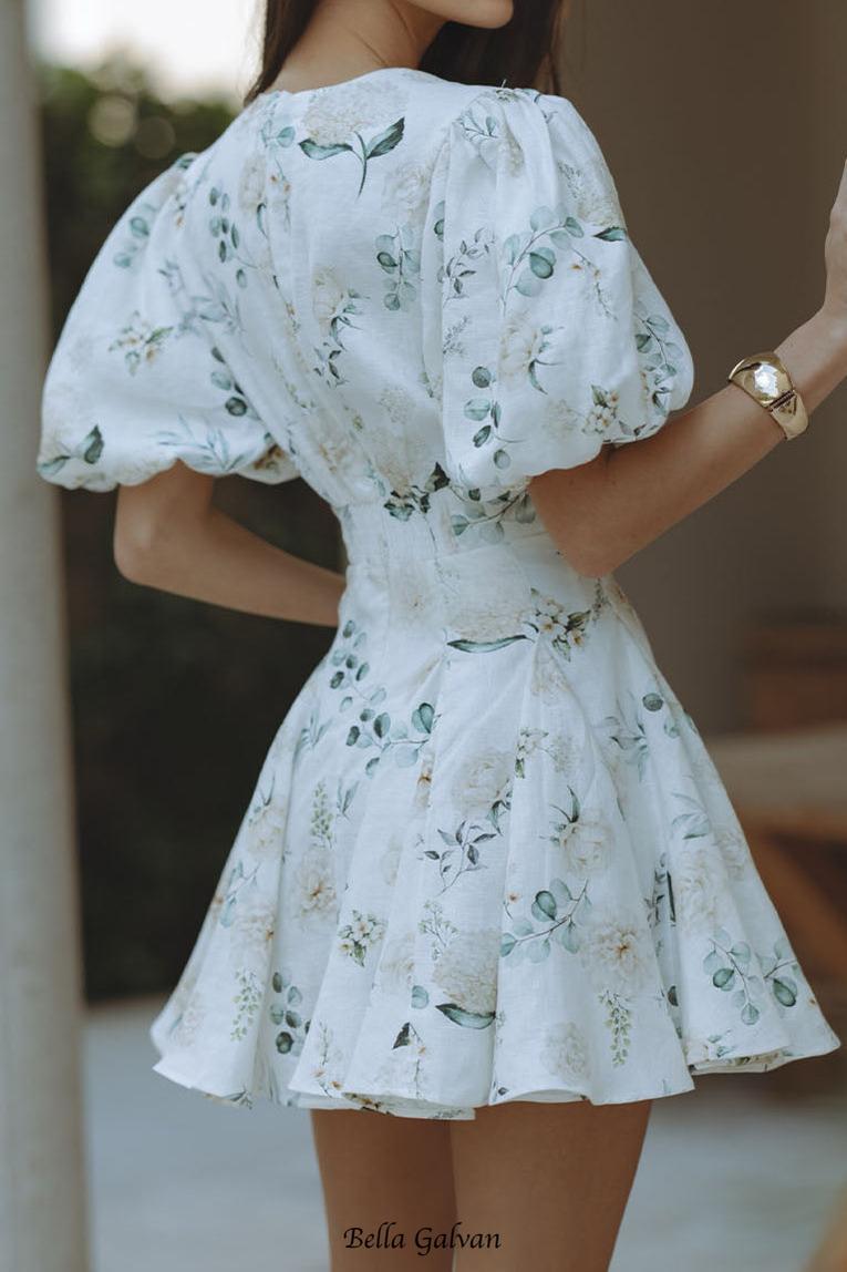 Flowering Girl Women venus v-neck floral print puff sleeve mini dress