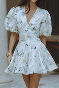 Flowering Girl Women venus v-neck floral print puff sleeve mini dress