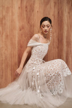 Flowering Girl Women Miua Gored Gathered Lace Midi Dress in white