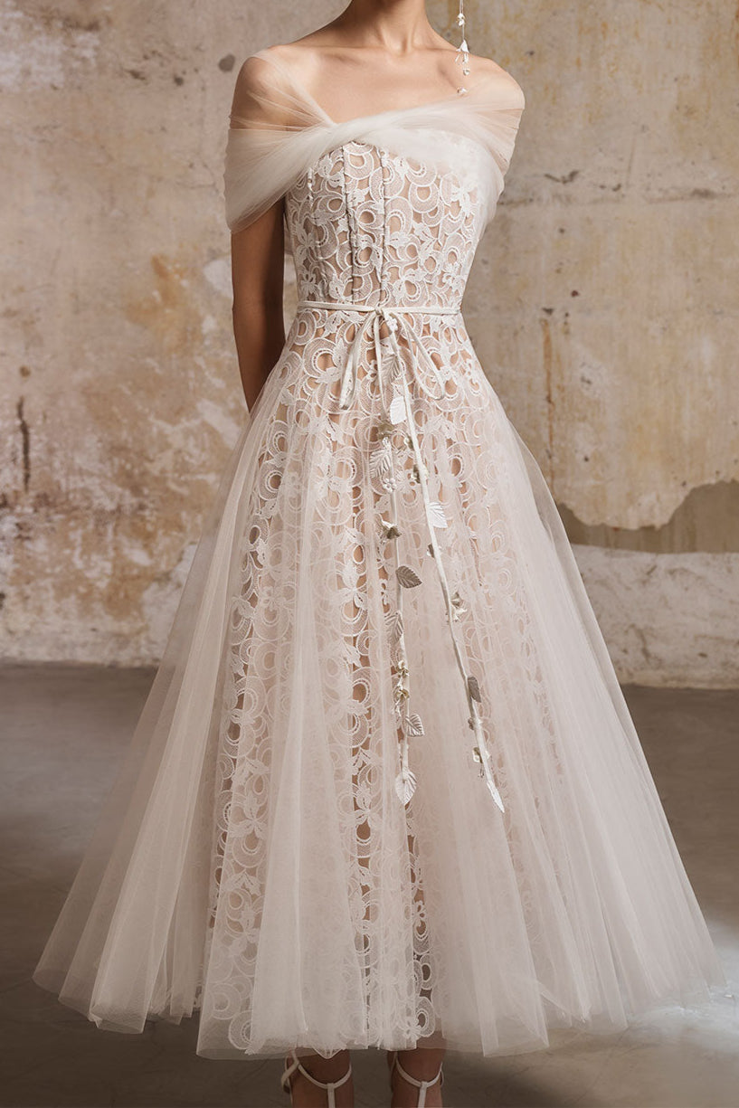 Miua Gored Gathered Lace Midi Dress In White