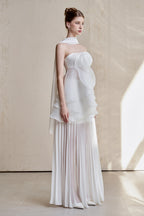 White Strapless Rose Applique Tiered Pleated Maxi Dress
