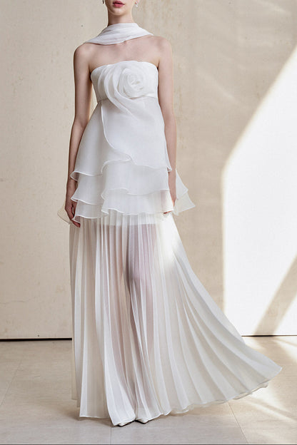 White Strapless Rose Applique Tiered Pleated Maxi Dress