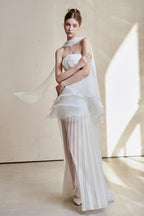White Strapless Rose Applique Tiered Pleated Maxi Dress