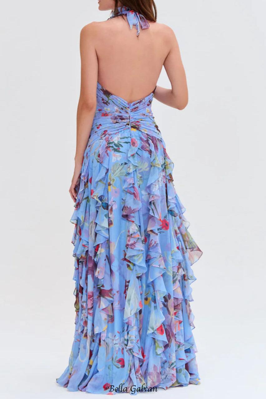 Floral Halter Ruffle Tulle Maxi Dress in Blue