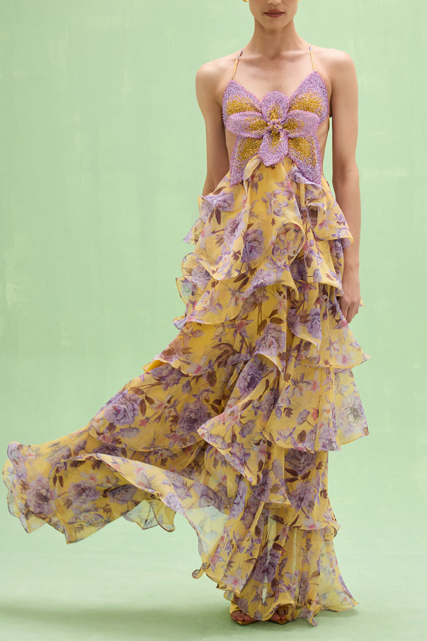 Flowering Girl Women mavis Embroidered beaded hibiscus print halter neck long chiffon maxi dress - purple / yellow