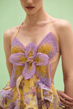 Flowering Girl Women mavis Embroidered beaded hibiscus print halter neck long chiffon maxi dress - purple / yellow