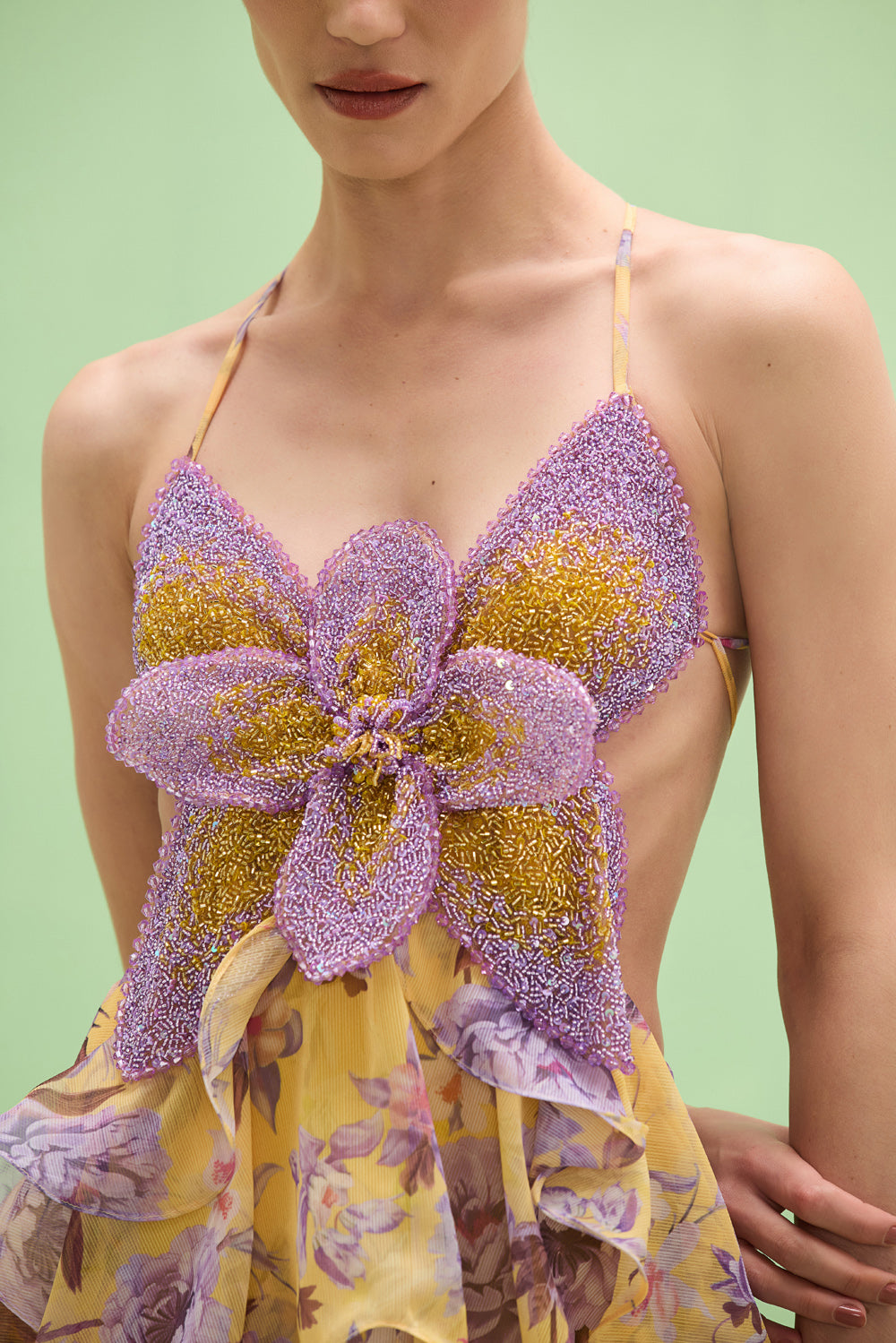 mavis Embroidered beaded hibiscus print halter neck long chiffon maxi dress - purple / yellow