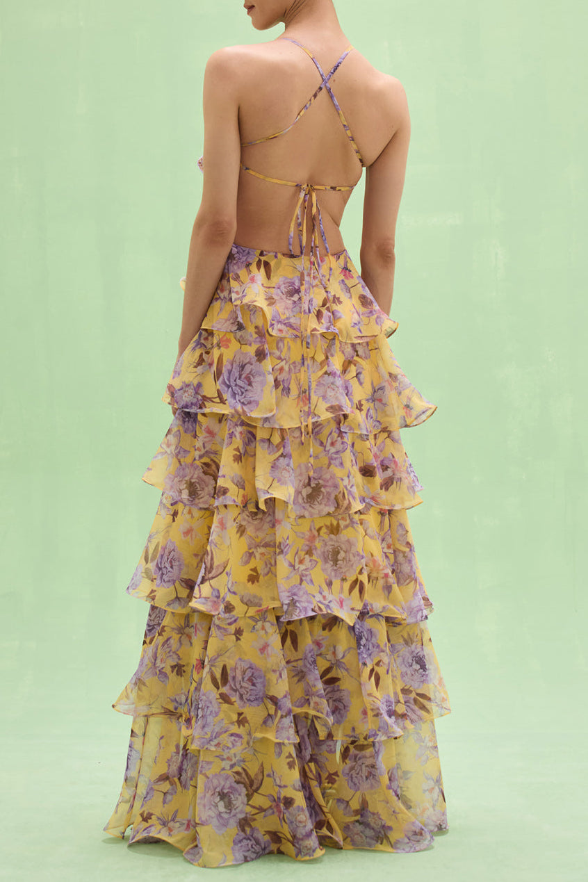 Flowering Girl Women mavis Embroidered beaded hibiscus print halter neck long chiffon maxi dress - purple / yellow