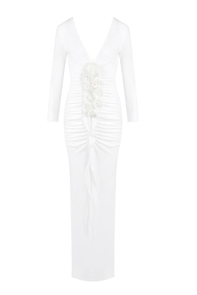 Flowering Girl Women elsa V Neck Flower Ruched maxi Dress in white
