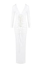 Flowering Girl Women elsa V Neck Flower Ruched maxi Dress in white