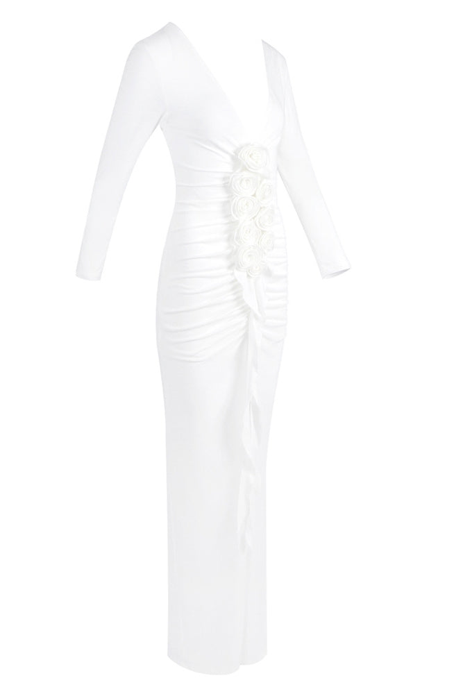 Flowering Girl Women elsa V Neck Flower Ruched maxi Dress in white