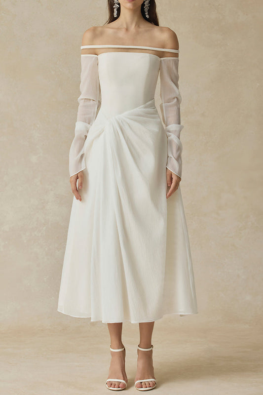 judith off-shoulder A-line Voile Midi Dress in white