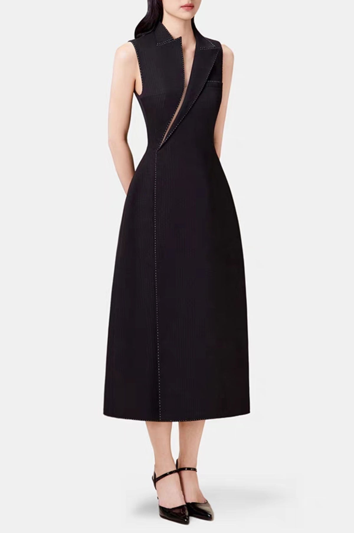 Flowering Girl Women Asymmetric Collar Sleeveless Midi Dress - Black
